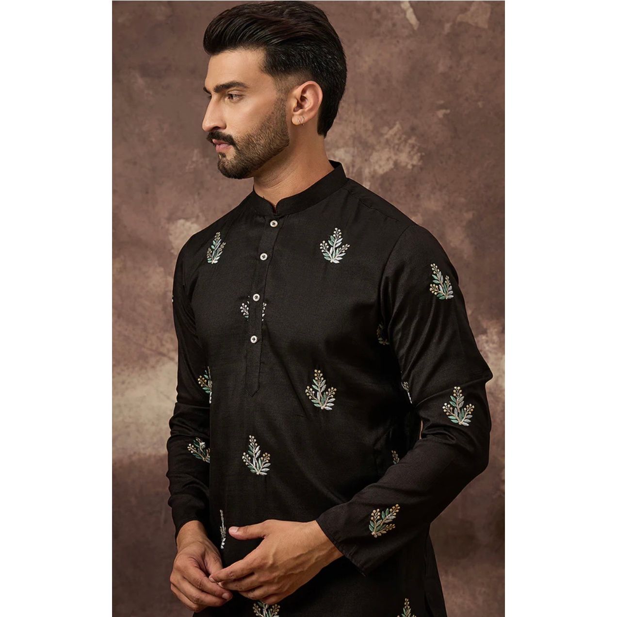 Black Silk Blend Solid Embroidered Straight Kurta
