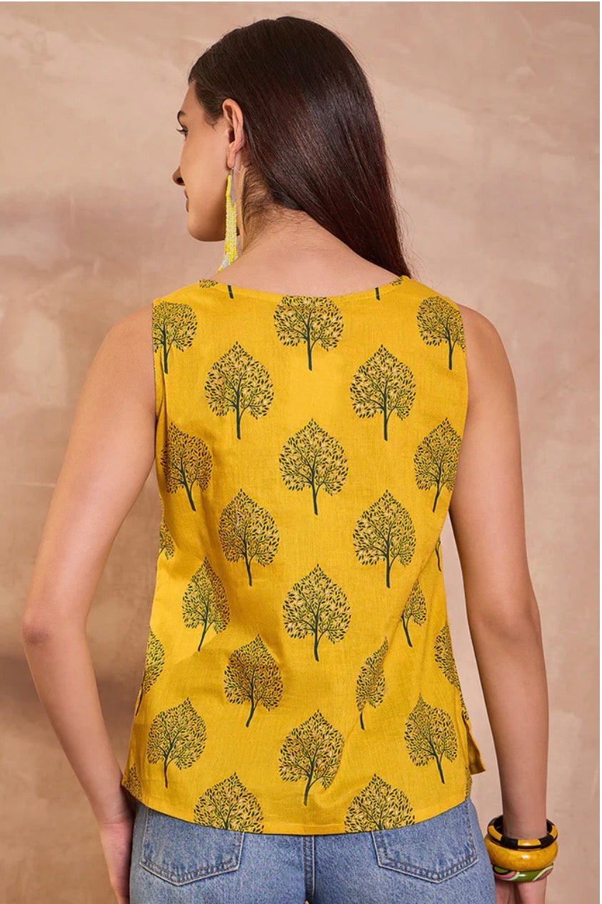 Yellow Cotton Blend Floral Printed Top