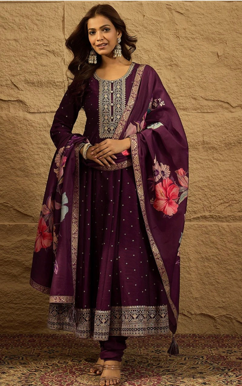Purple and Gold Embroidered Anarkali Kurta Set