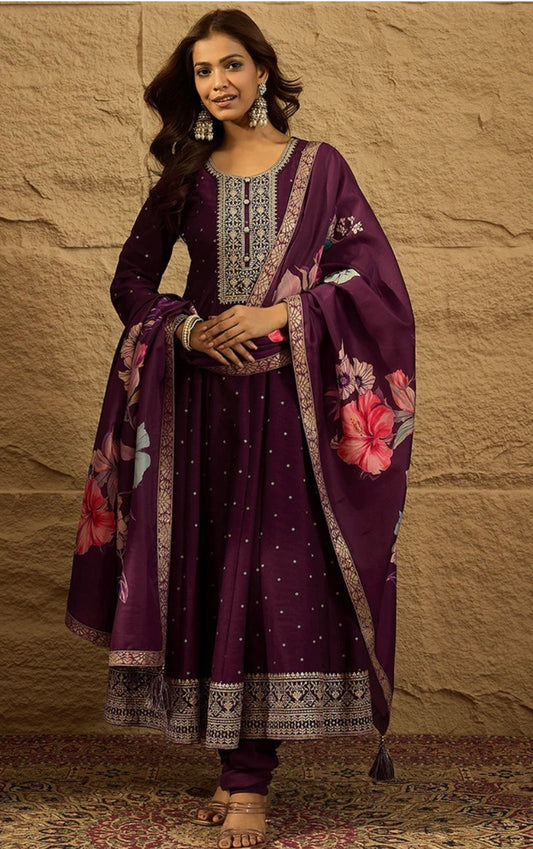 Purple and Gold Embroidered Anarkali Kurta Set