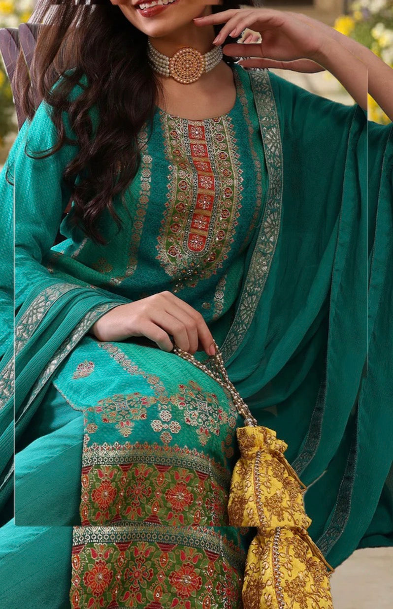 Teal Blue Organza Abstract Woven Design Straight Trouser Suit Set