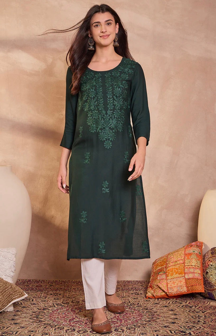 Green Floral Embroidered Viscose Rayon Kurti
