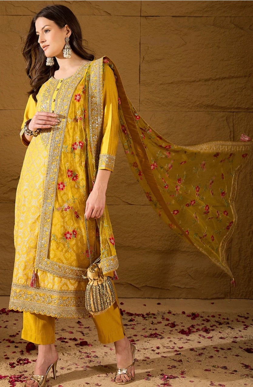 Yellow Silk Blend Kurta Set