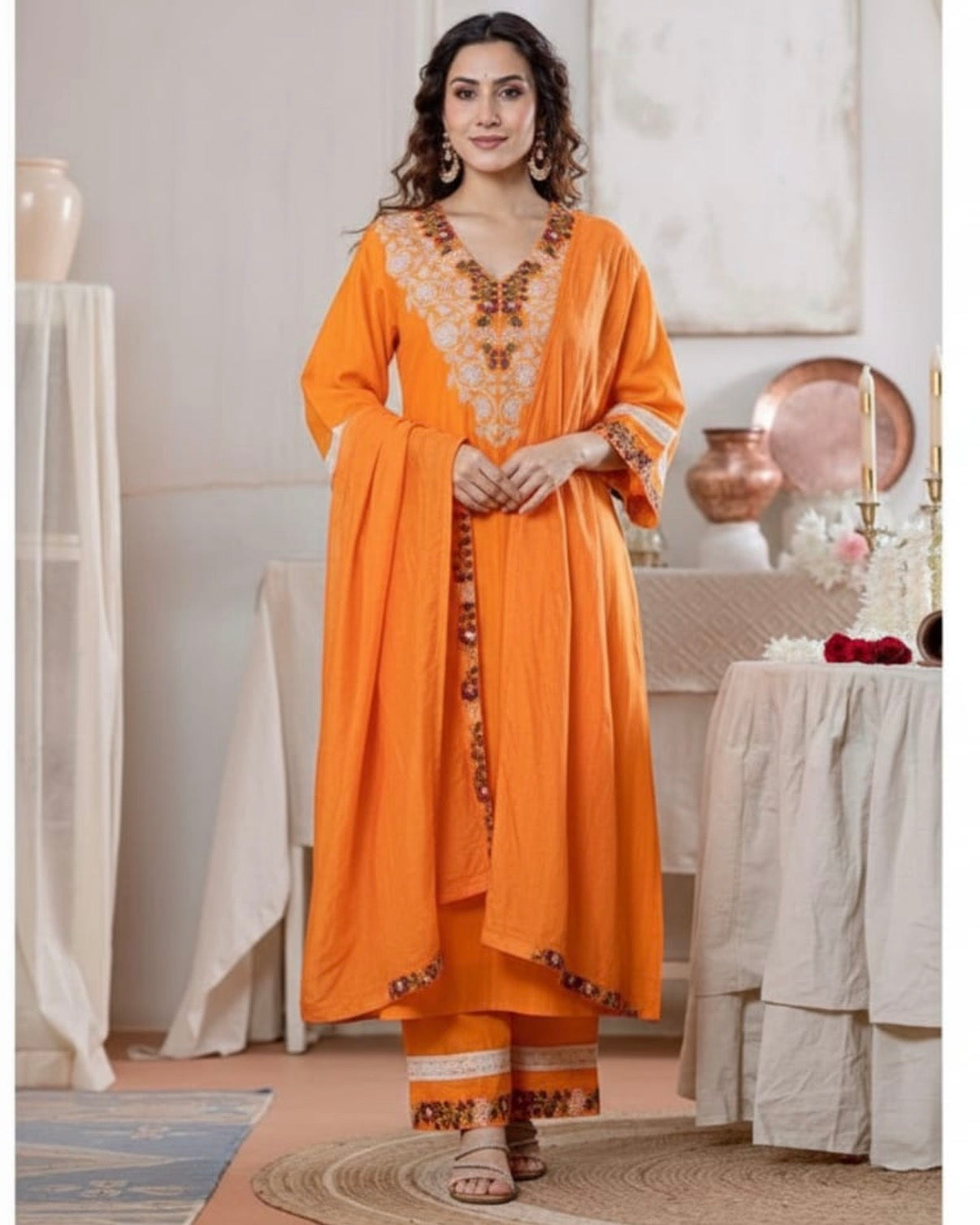 Orange Embroidered A-Line Kurta Set