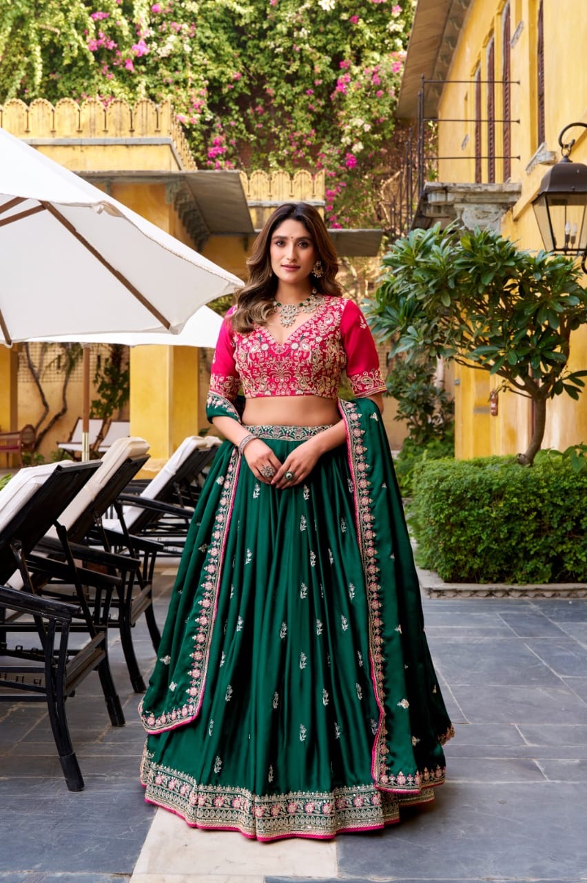 Regal Silk Satin Lehenga : Green and Pink