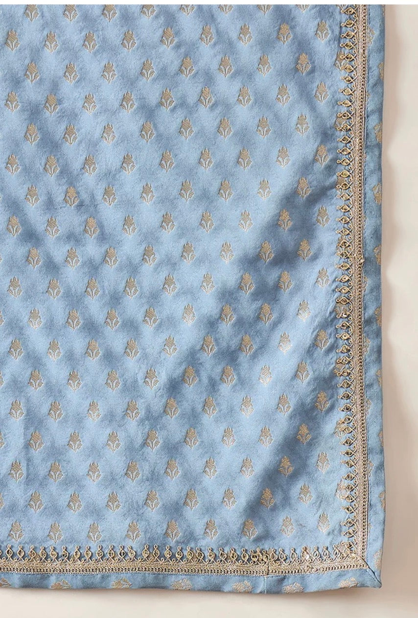 Blue Jacquard Woven Design Floral Straight Kurta Set