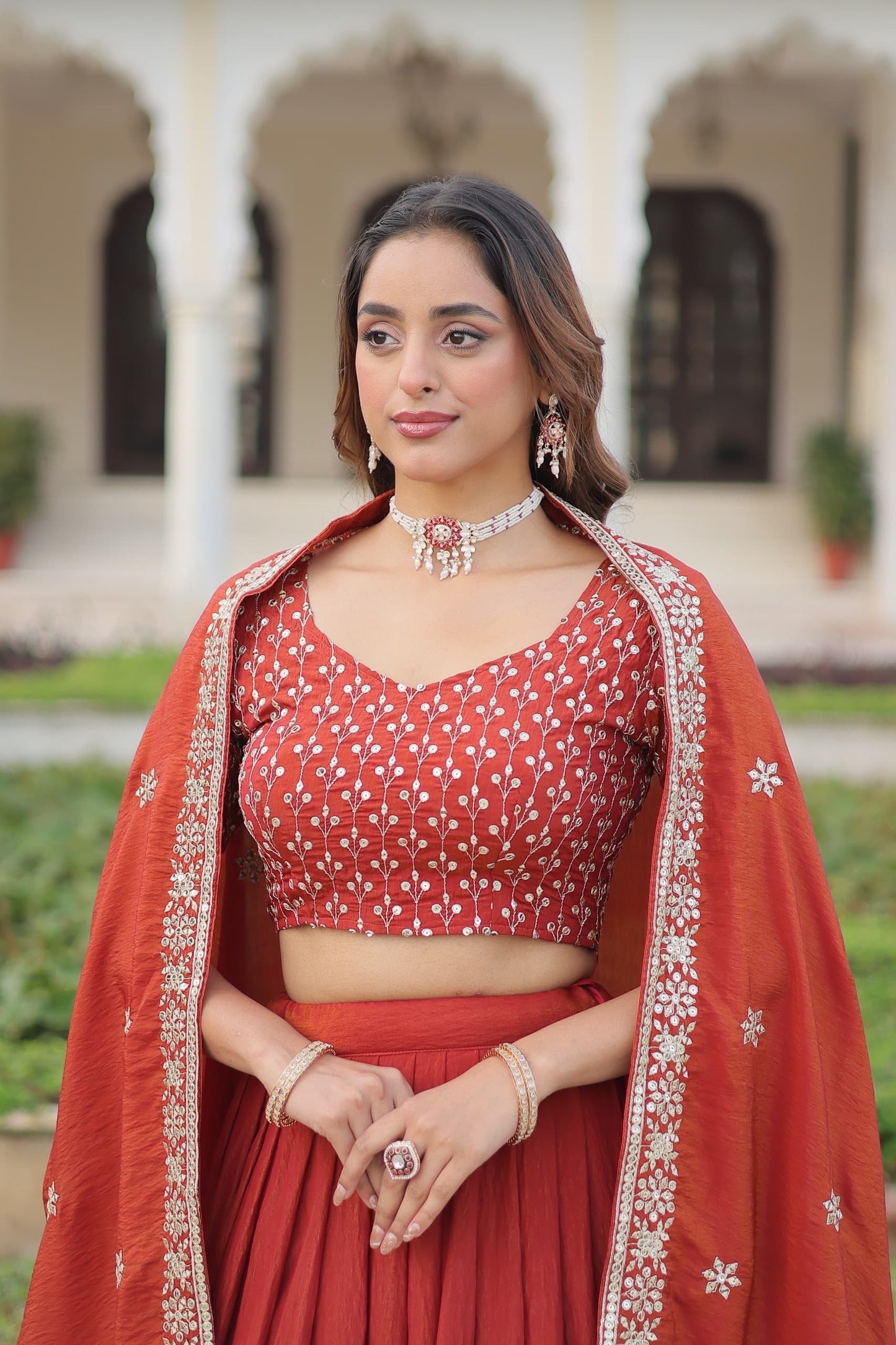 Silk Lehenga Choli Set (Pre-Order Only): Rust Orange