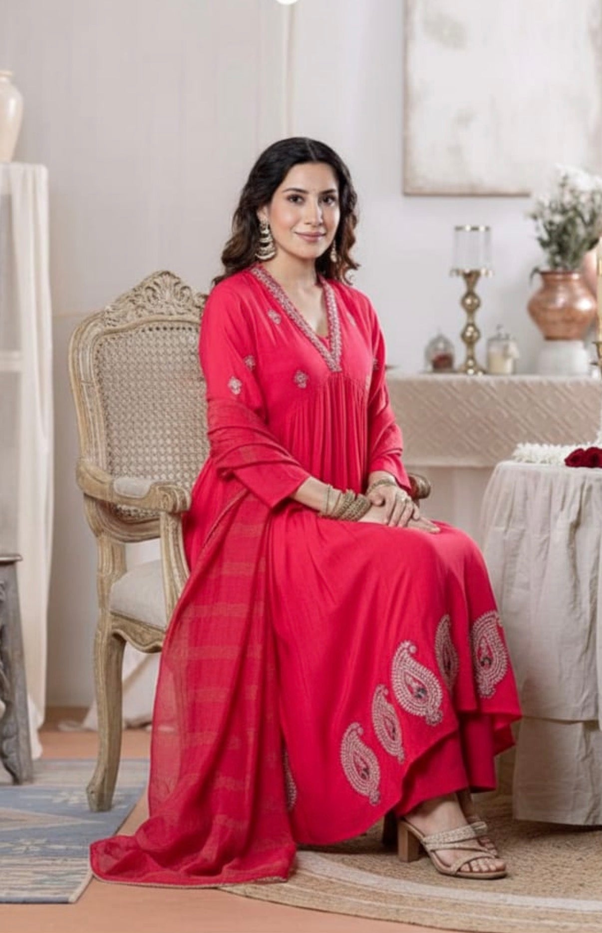 Pure Cotton Embroidered 3-Piece Suit Set – Dark Pink