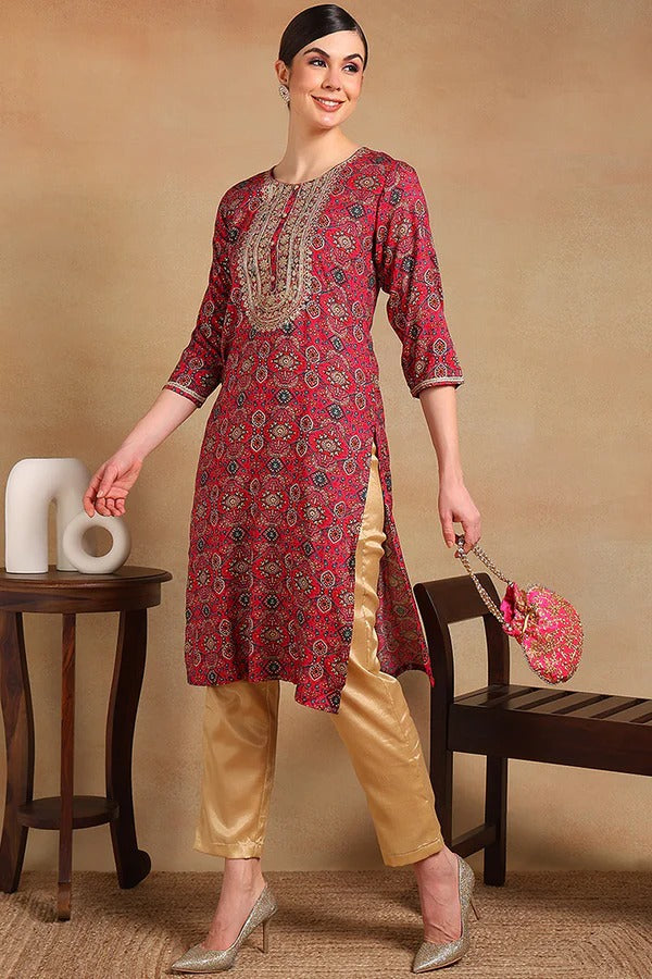 Pink Viscose Rayon Ethnic Motifs Printed Straight Kurta