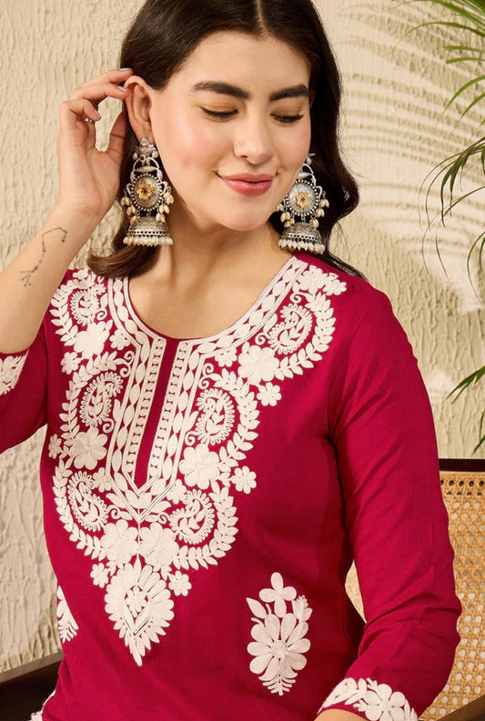 Red Viscose Rayon Solid Embroidered Chikankari Straight Kurta