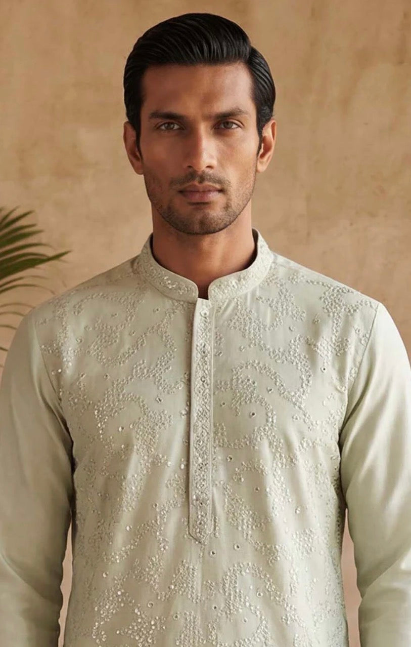 Sage Green Silk Blend Embroidered Straight Kurta for Men | Festive & Wedding Wear