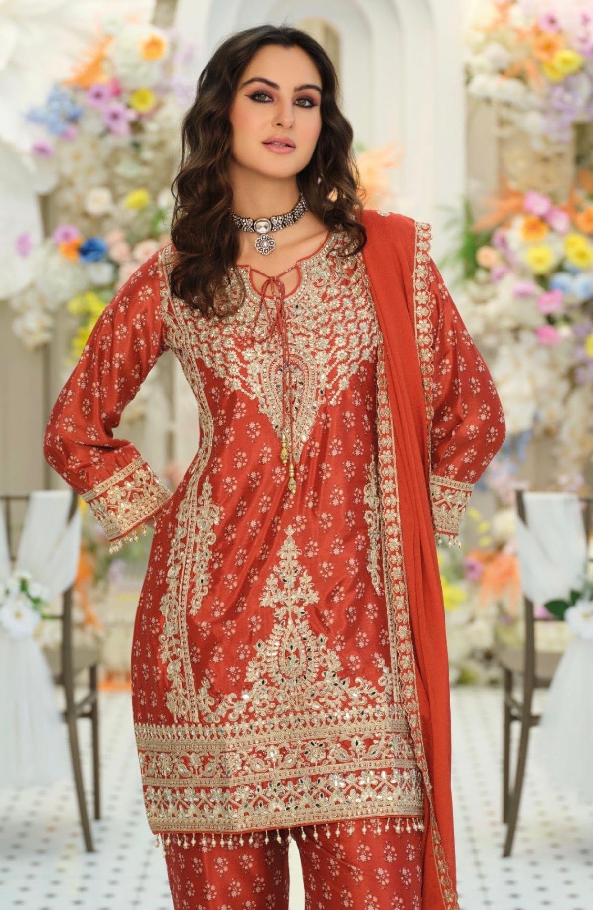 Pre-Order: Embroidered Chinon Kurta Set with Palazzo & Dupatta (Multiple Colors | XXL–3XL)