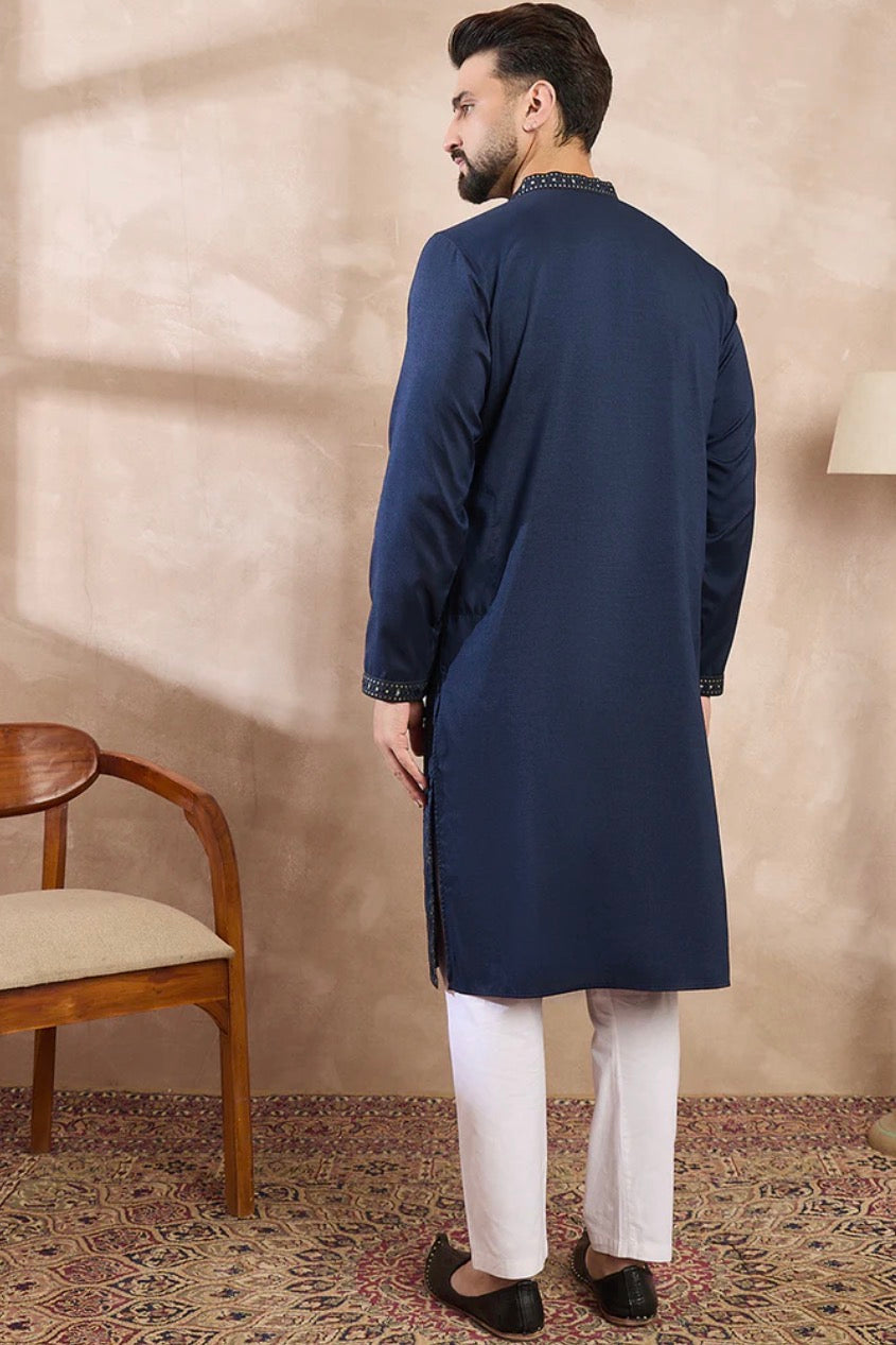Blue Silk Blend Embroidered Straight Kurta With Trouser