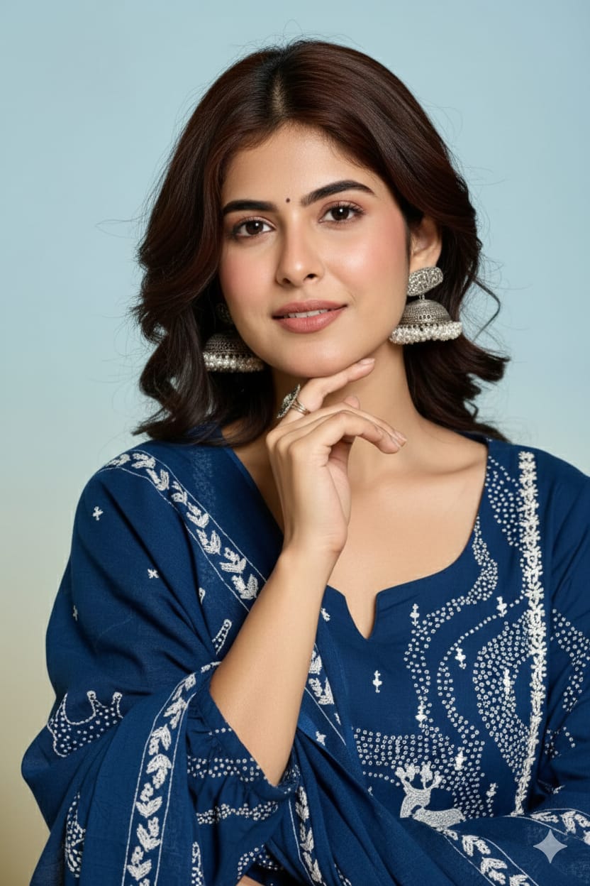 Dark Blue Ghera Kurti Set with Pant & Dupatta