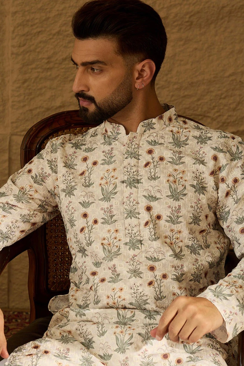 Off White Viscose Rayon Floral Printed Straight Kurta