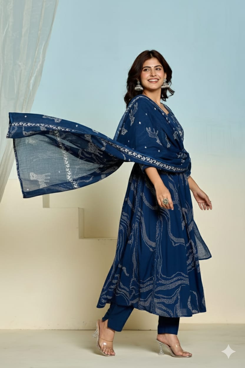 Dark Blue Ghera Kurti Set with Pant & Dupatta