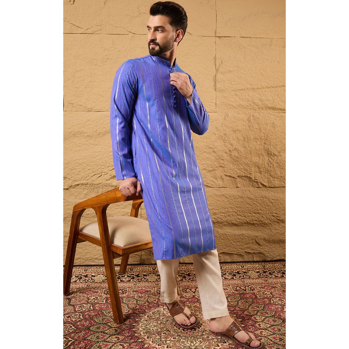 Blue Pure Cotton Embroidered Straight Kurta for Men