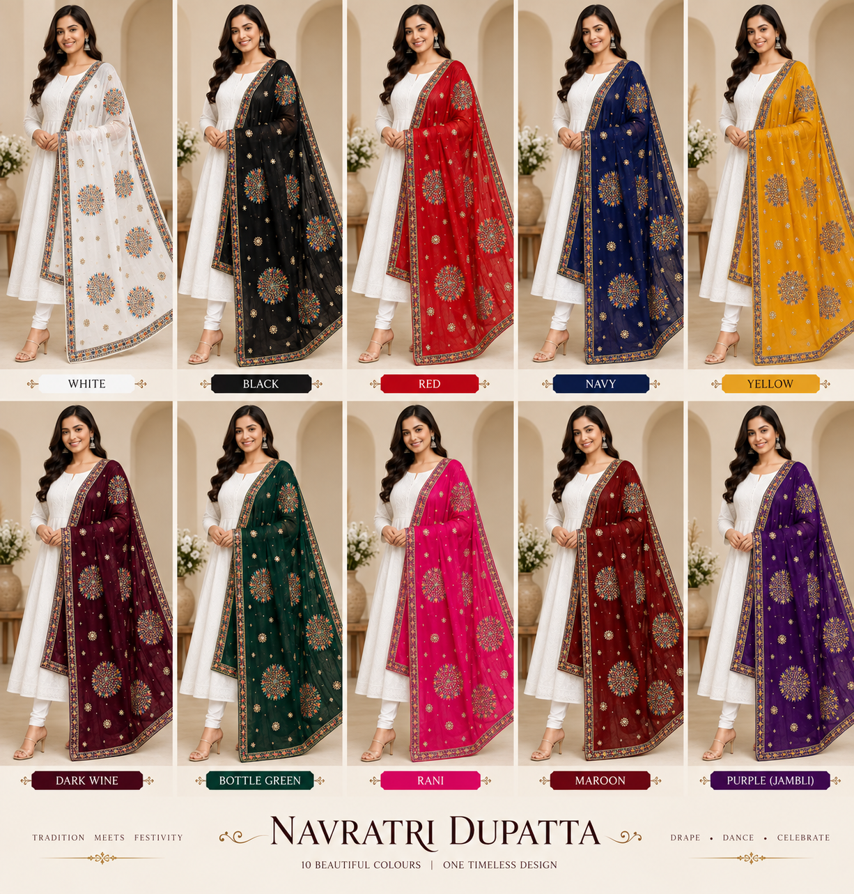 Navratri Embroidered Dupatta for Women | Multicolor Festive Dupatta | 10 Colors