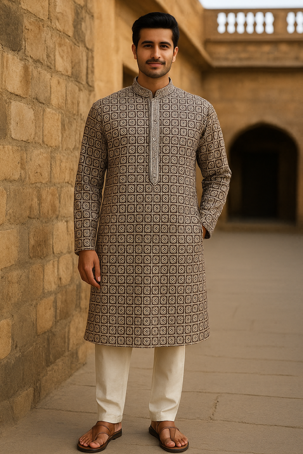 Men’s Chikankari / Sequin Work Kurta Set. : Brown
