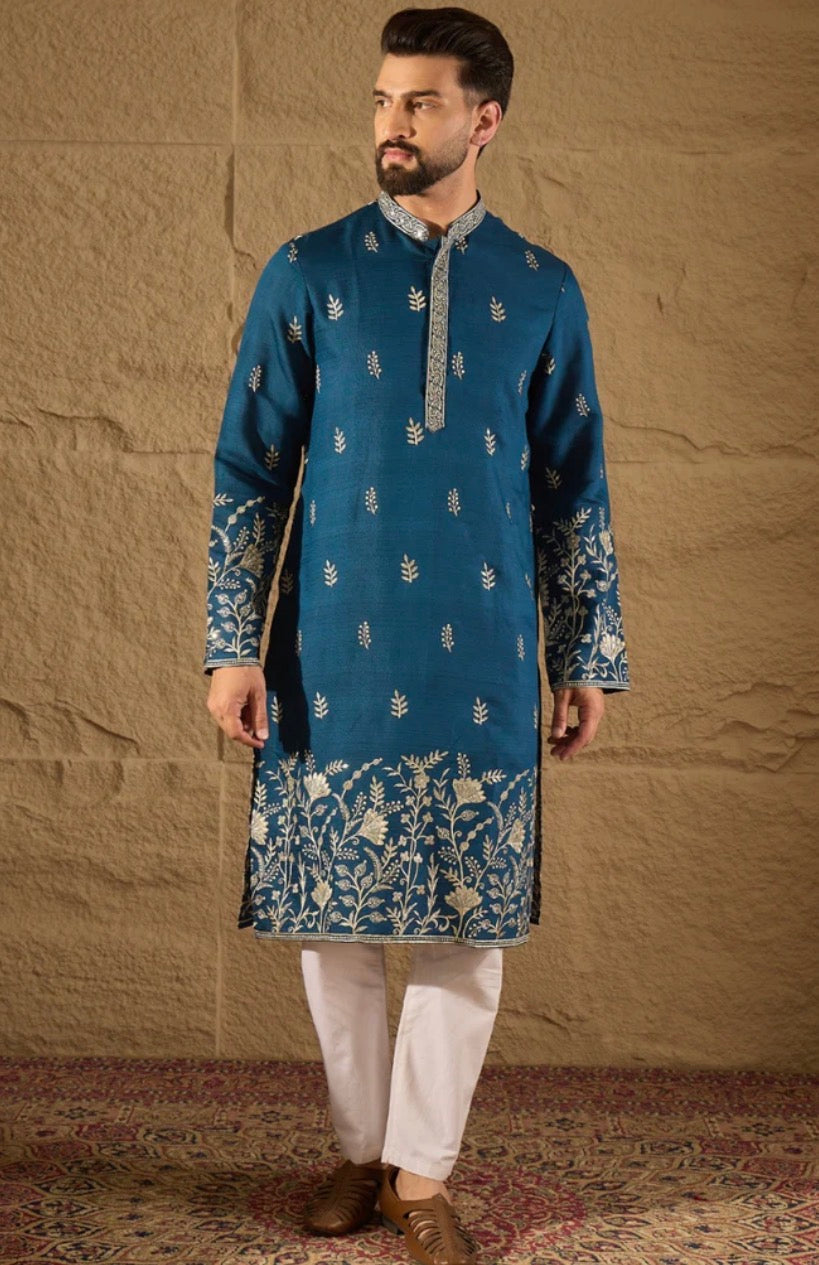Blue Chanderi Silk Embroidered Straight Kurta