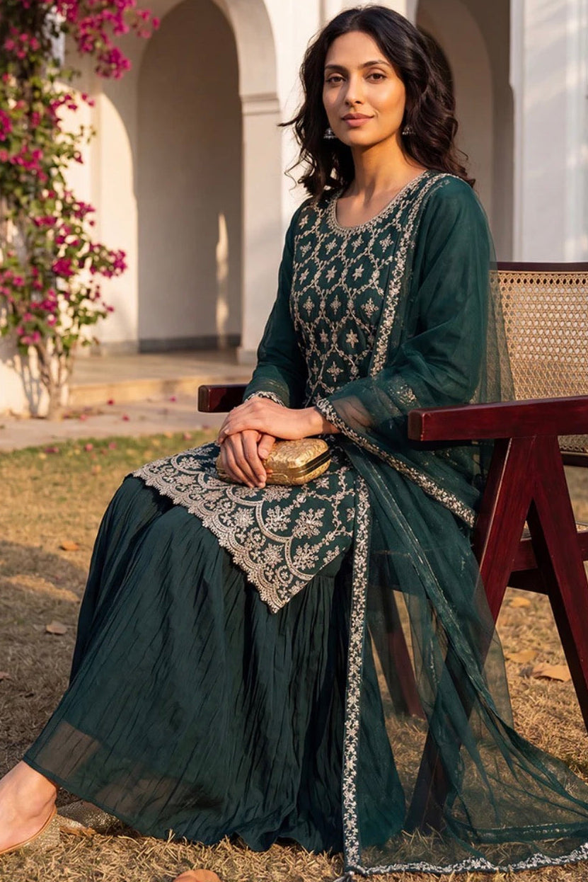 Green Silk Blend Kurta Sharara With Dupatta for Diwali/Festive Wear