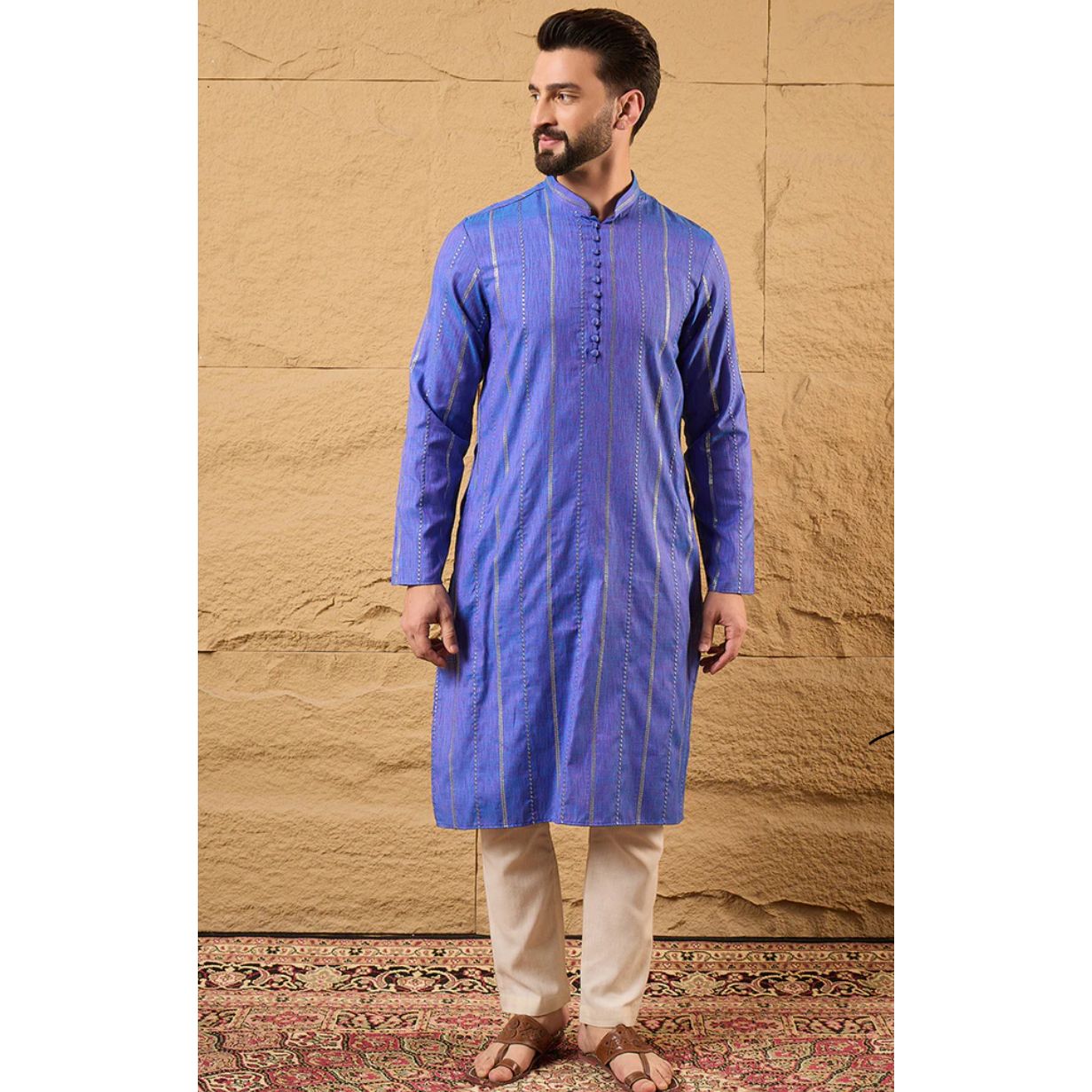 Blue Pure Cotton Embroidered Straight Kurta for Men