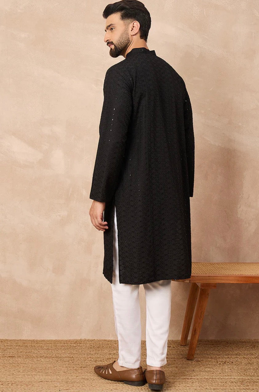 Black Viscose Rayon Solid Embroidered Straight Kurta