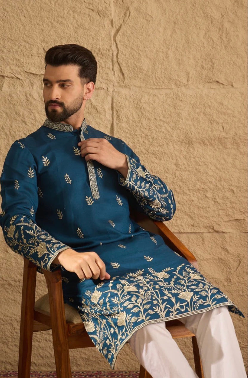 Blue Chanderi Silk Embroidered Straight Kurta