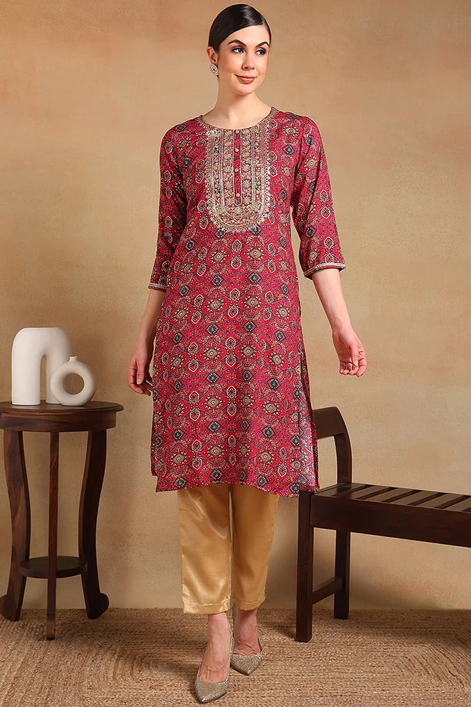 Pink Viscose Rayon Ethnic Motifs Printed Straight Kurta