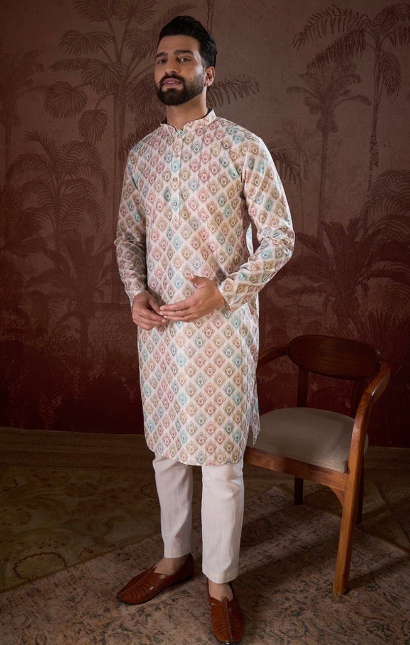 Off White Silk Blend Ethnic Motifs Printed Straight Kurta