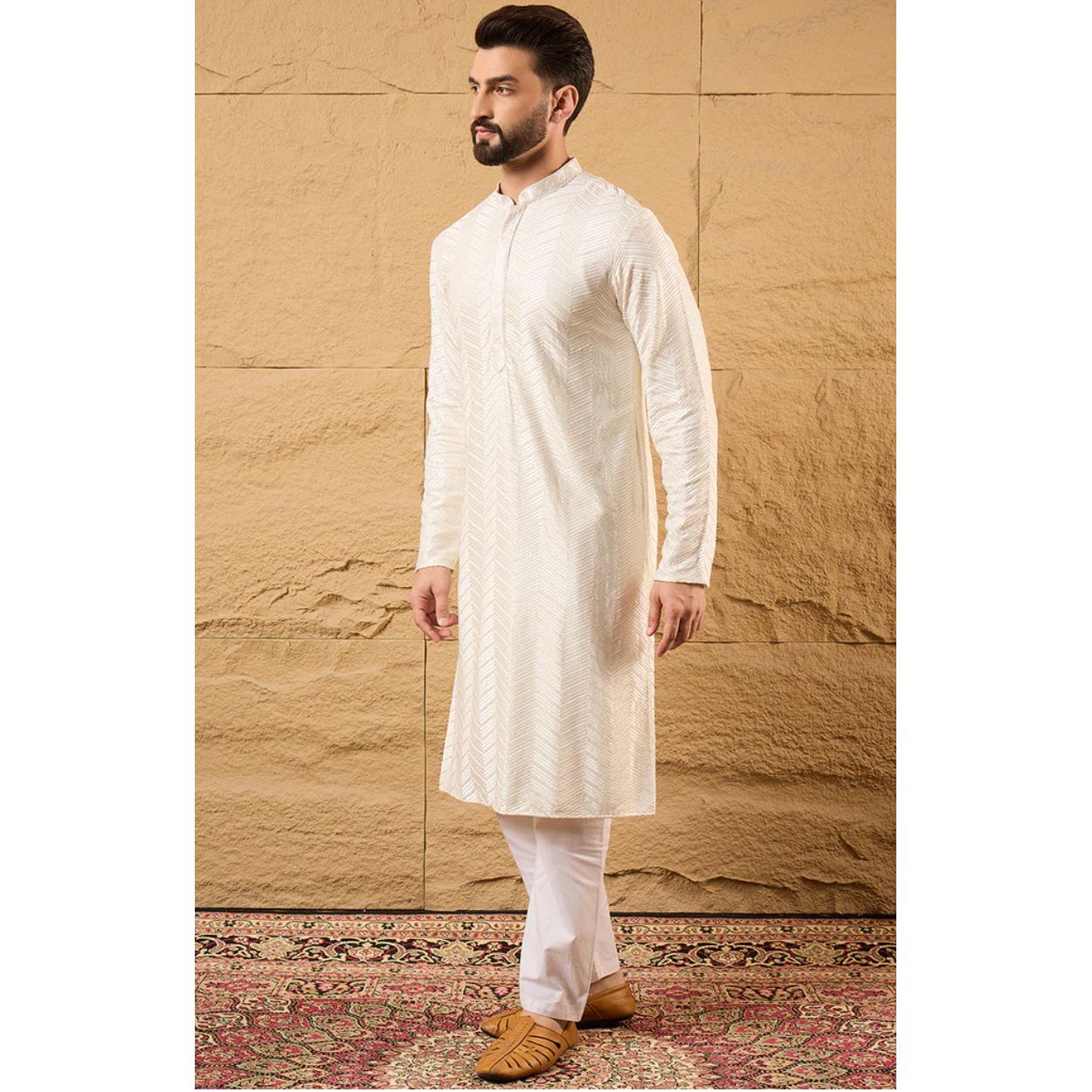 Off White Viscose Rayon Chevron Embroidered Straight Kurta