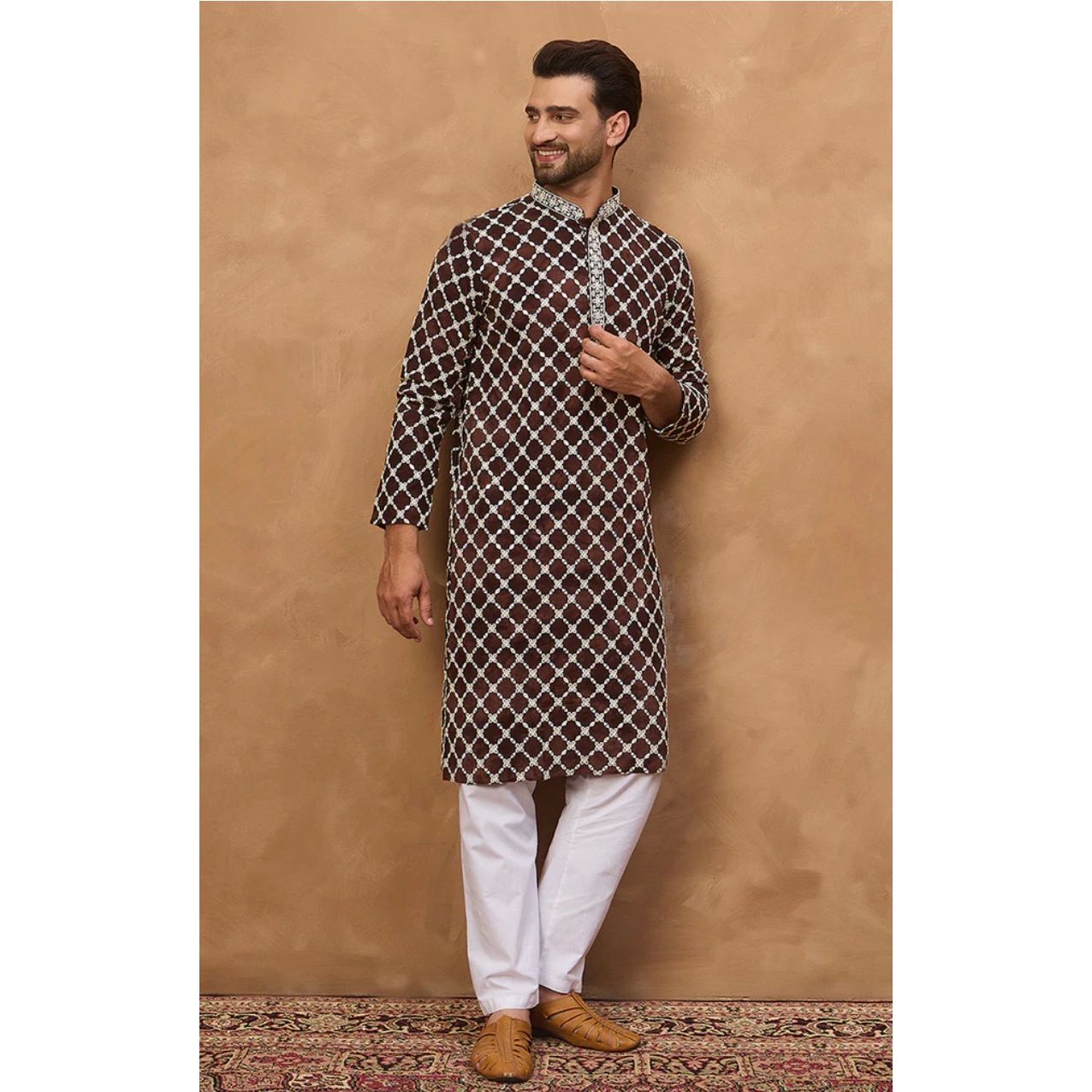 Brown Viscose Rayon Solid Embroidered Straight Kurta