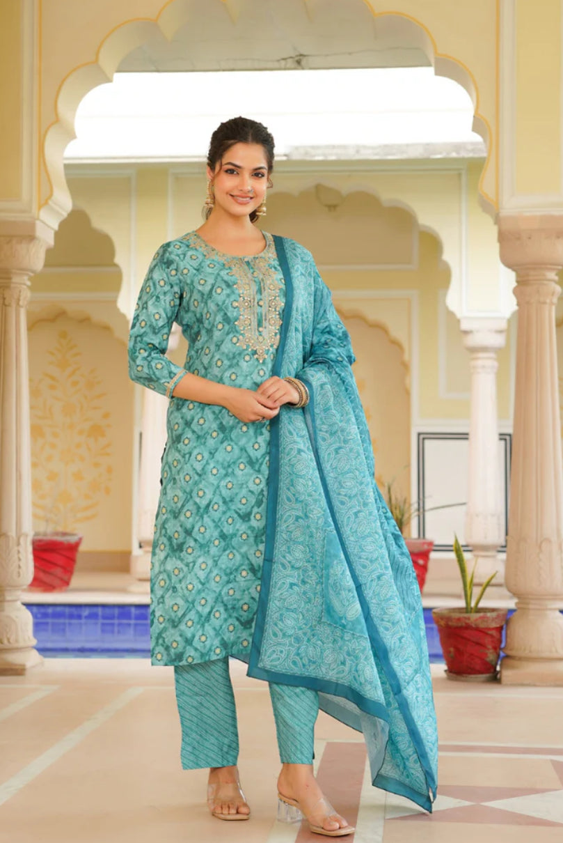 Sea Green Silk Blend Ombre Straight Kurta Trousers With Dupatta 