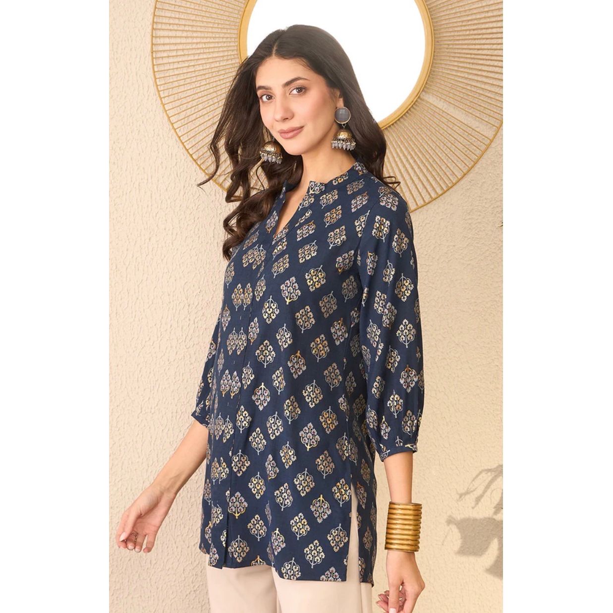 Navy Blue Cotton Blend Floral Printed Regular Top