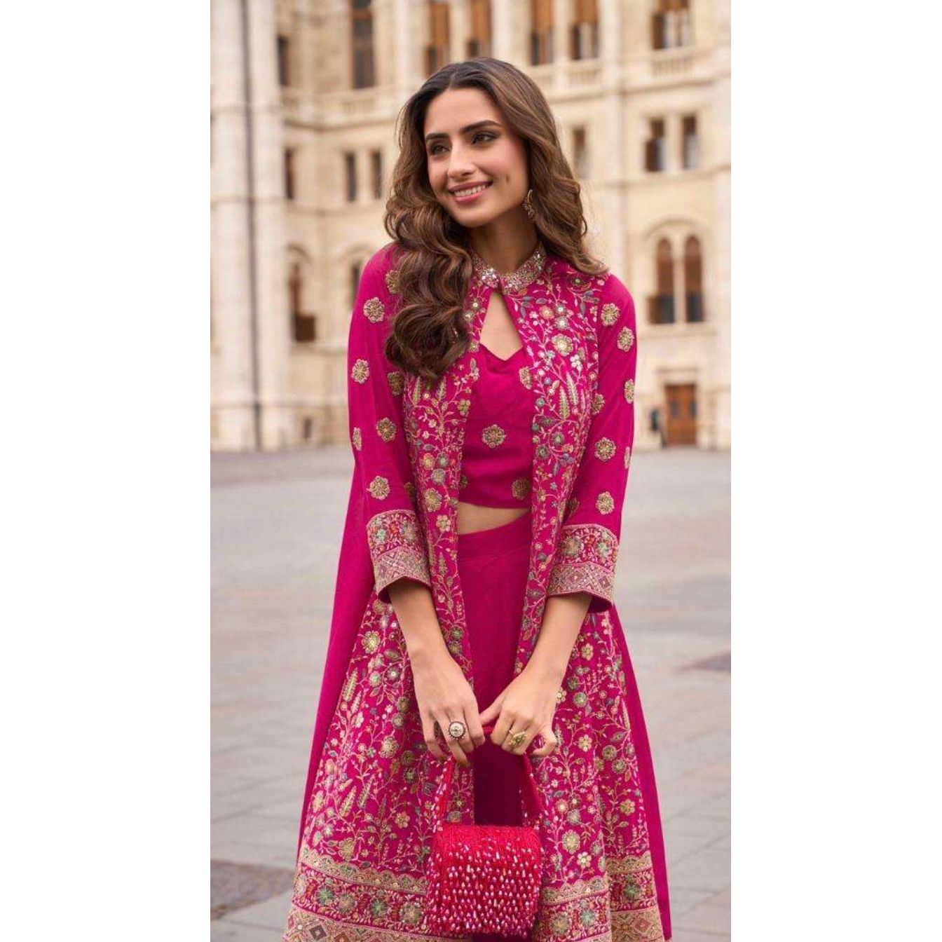 Dark Pink Georgette Embroidered Set