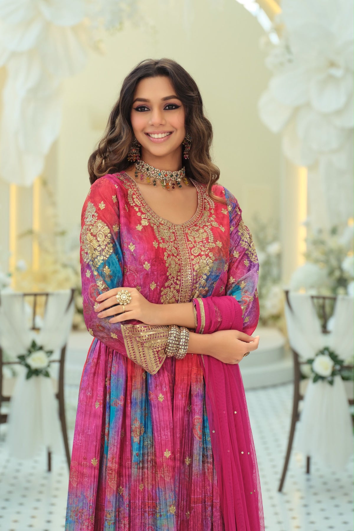 Rang – Multicolor Embroidered Chinon Anarkali Palazzo Set