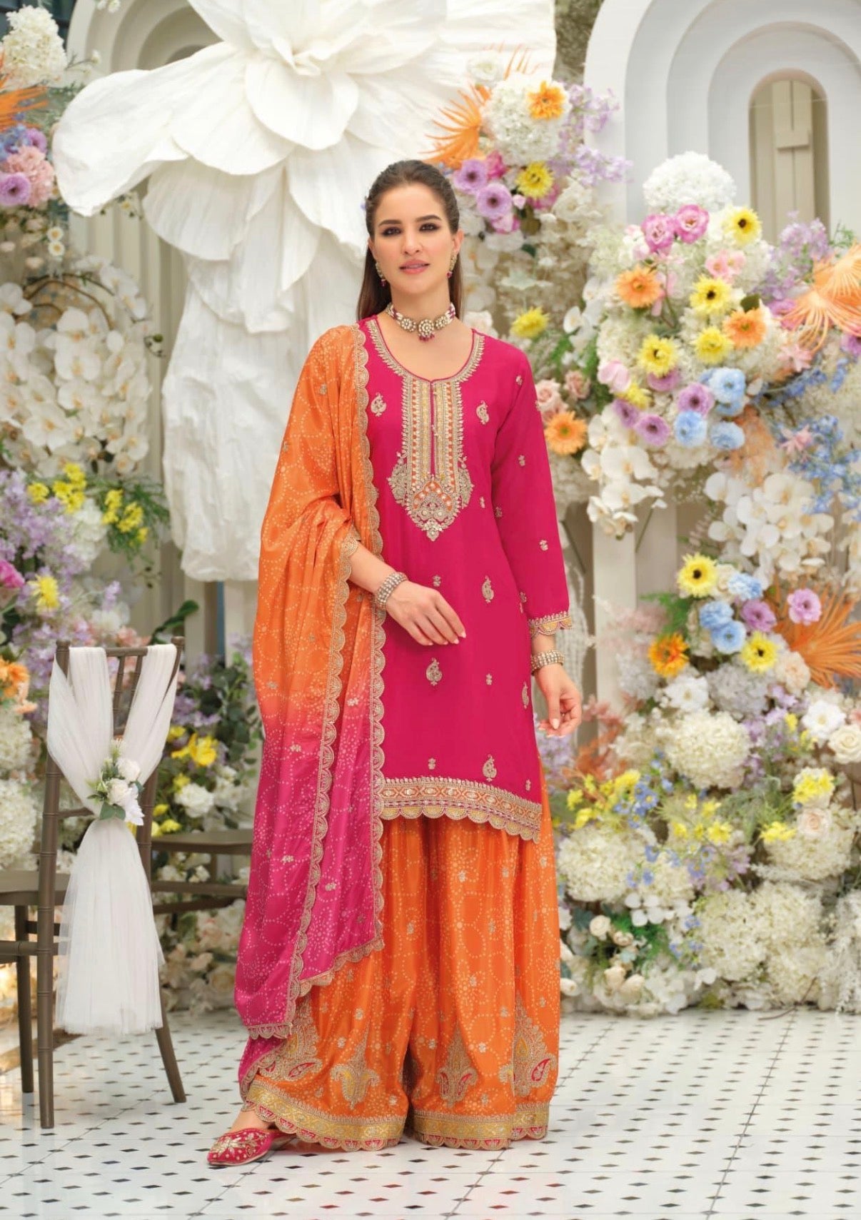 Pre-Order: Designer Chinon Kurta Set with Digital Print Palazzo & Embroidered Dupatta