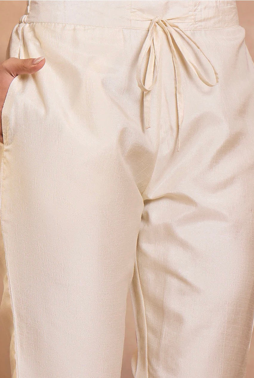 Off White Embroidered Silk Blend Kurta Set with Trousers & Dupatta