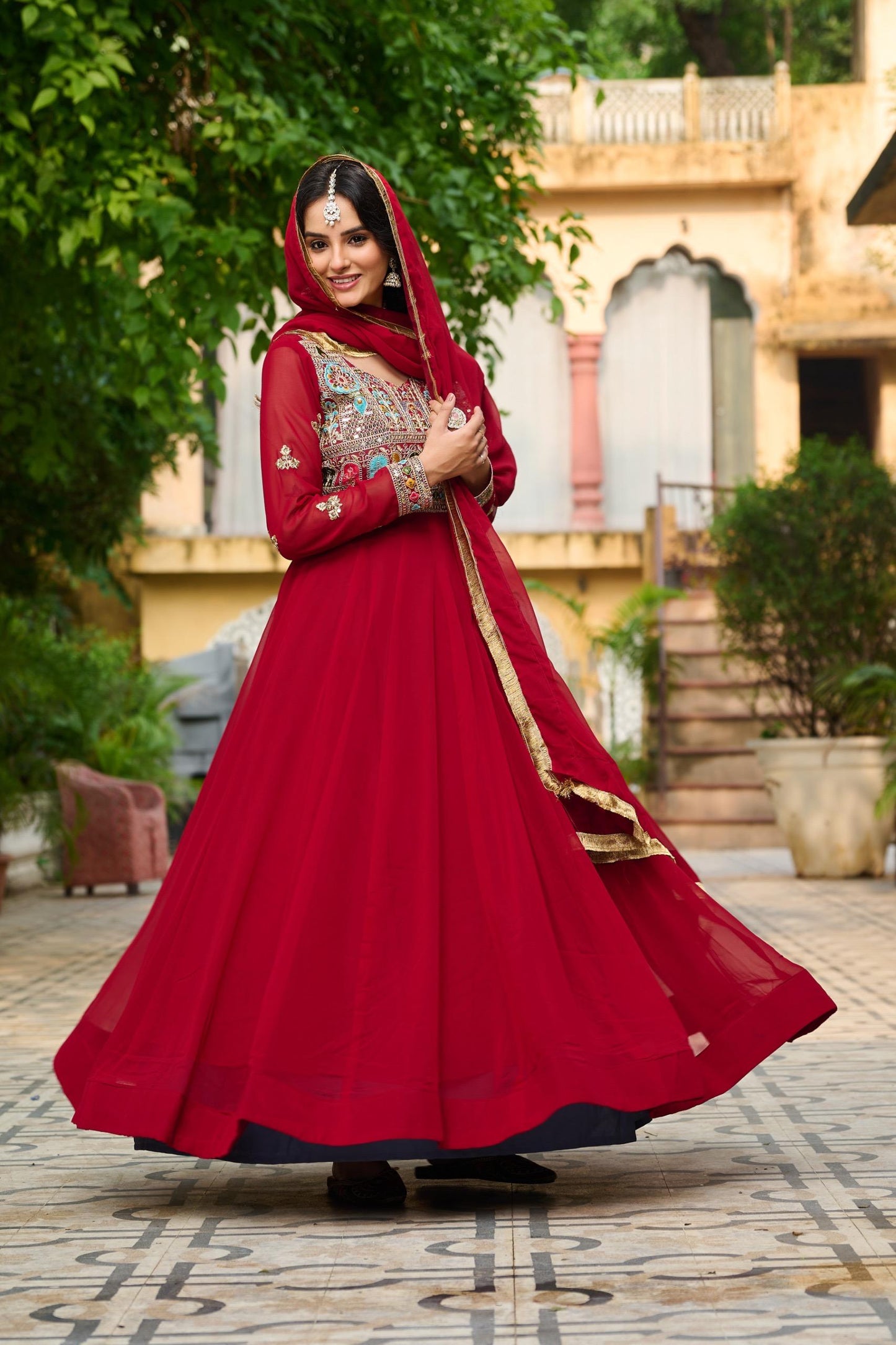 Maroon & Rama Green Festive Gown-Dupatta Set with Sequins Embroidery