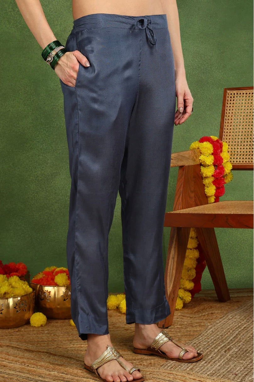 Grey Chanderi Solid Woven Design Straight Suit Set