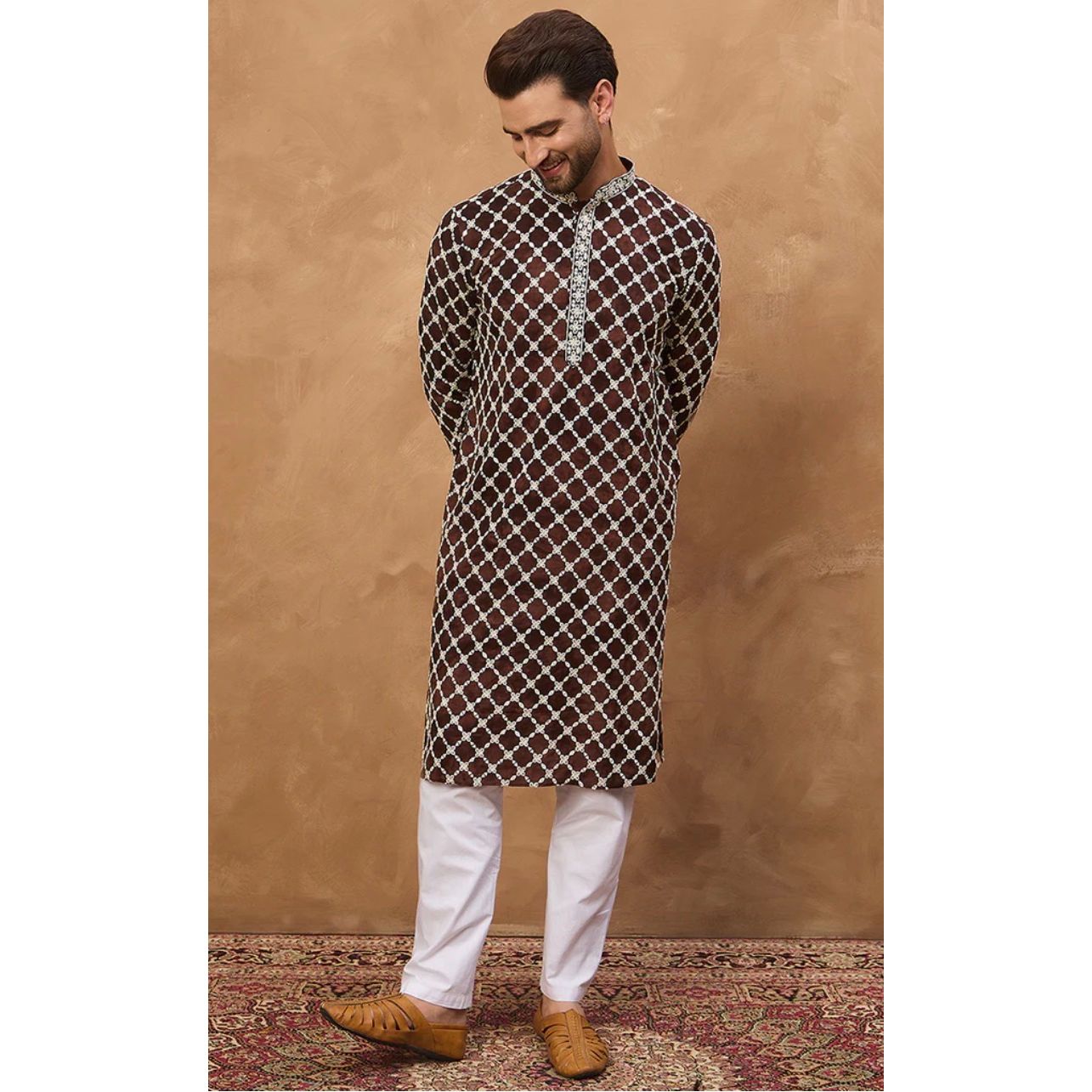 Brown Viscose Rayon Solid Embroidered Straight Kurta