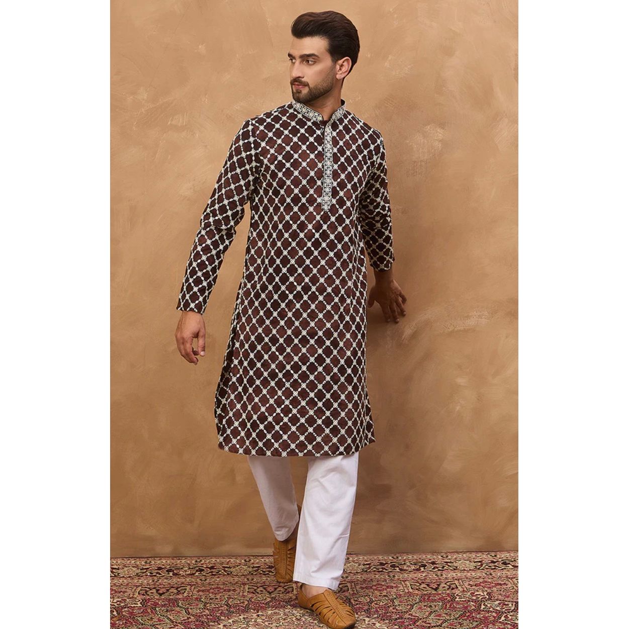 Brown Viscose Rayon Solid Embroidered Straight Kurta