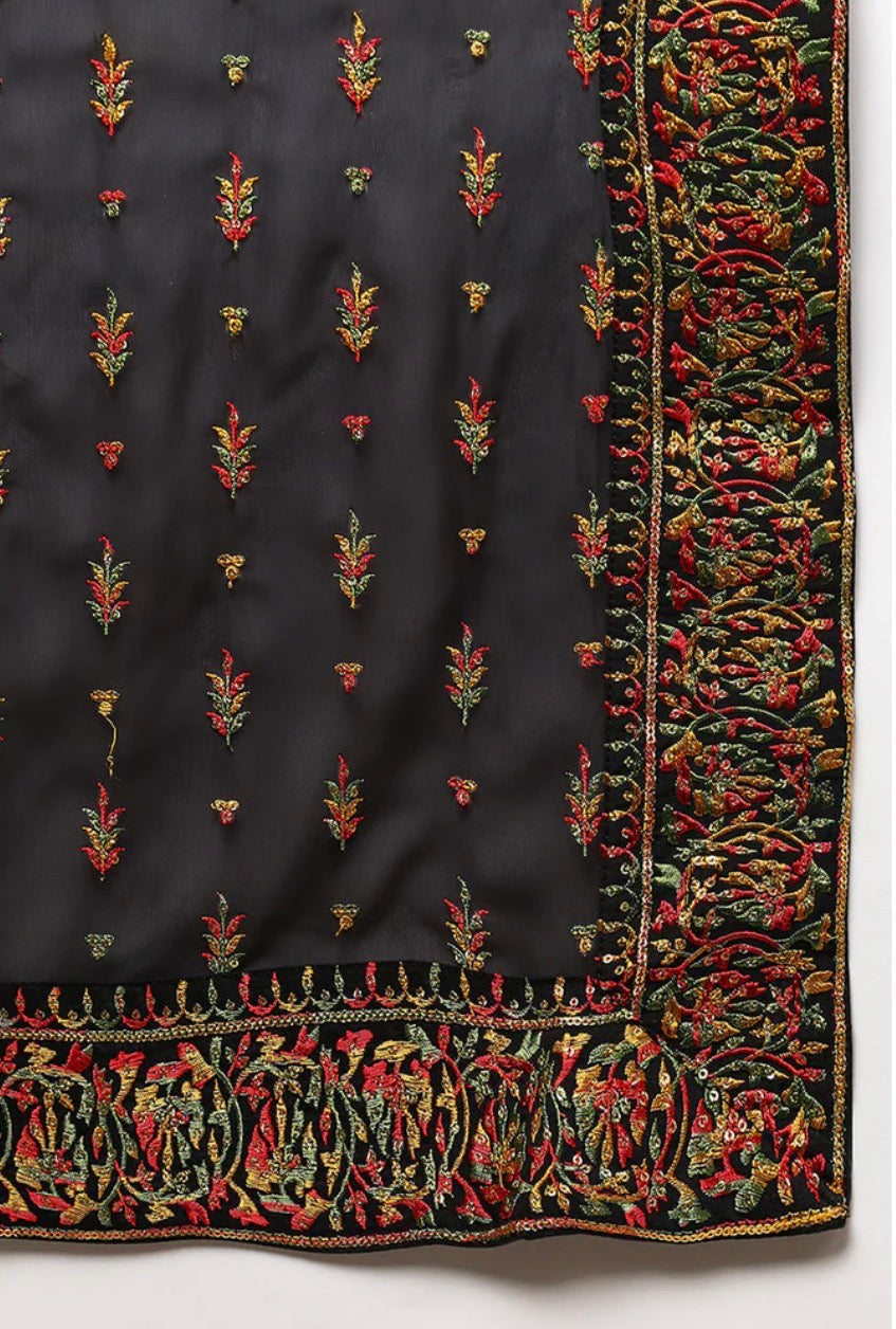 Black Silk Blend Embroidered Kurta Set
