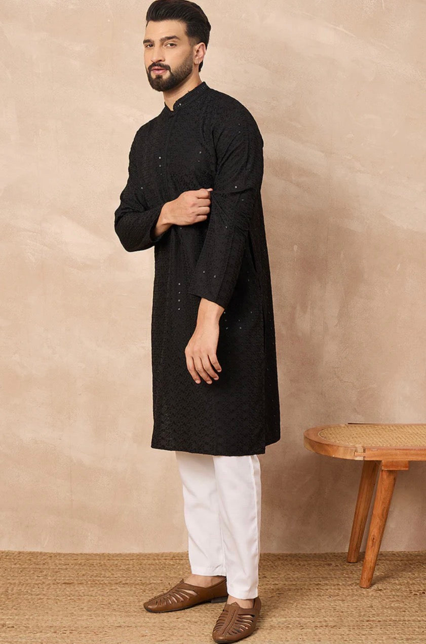 Black Viscose Rayon Solid Embroidered Straight Kurta