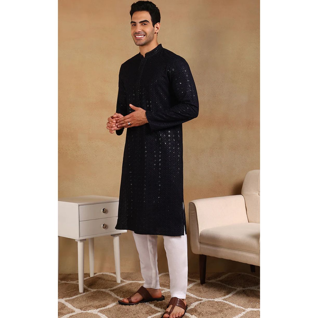 Navy Blue Viscose Rayon Solid Embroidered Straight Kurta For Men