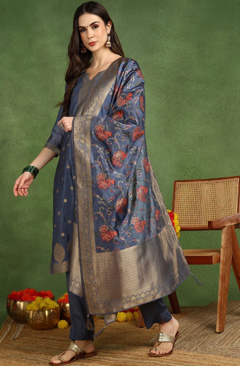 Grey Chanderi Solid Woven Design Straight Suit Set