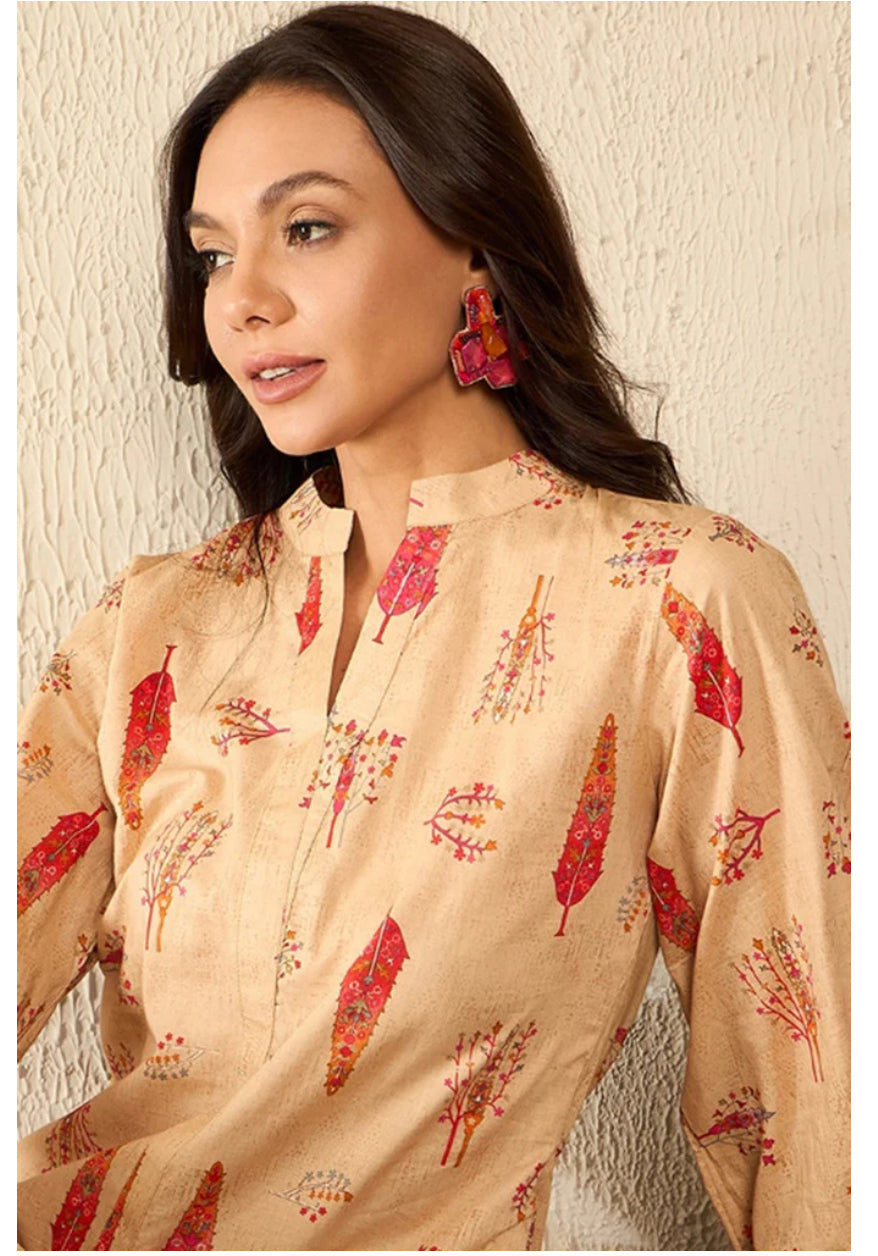 Beige Cotton Blend Floral Printed Regular Top