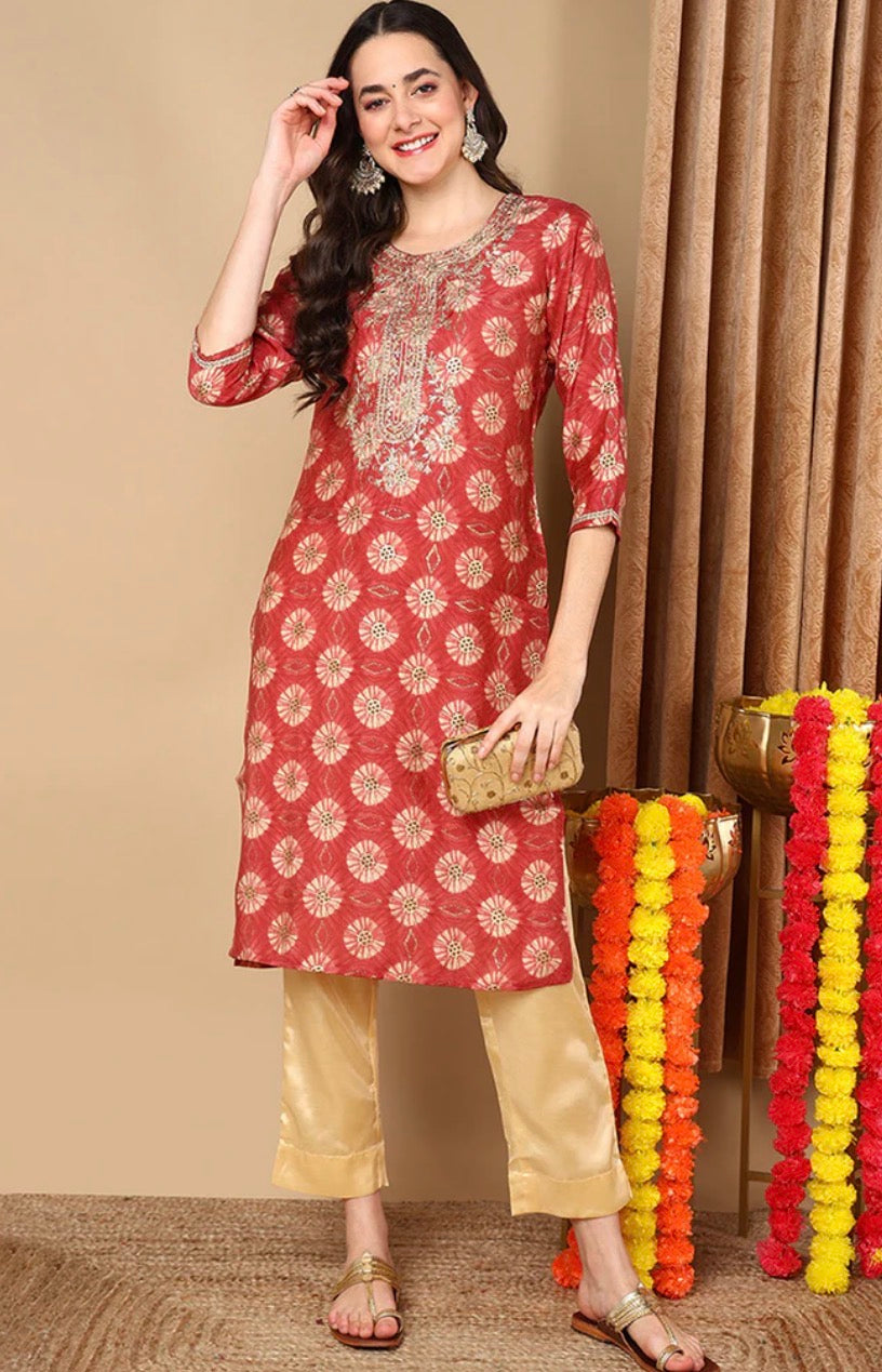 Rust Red Silk Blend Ethnic Motifs Printed Straight Kurta