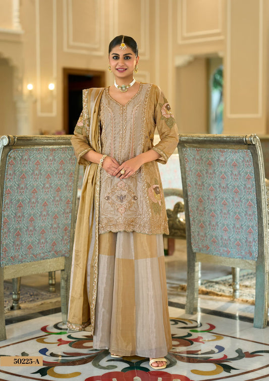 Champagne Gold Viscose Kanjivaram Palazzo Set with Dupatta