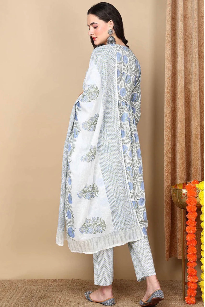 White & Blue Floral Printed Rayon Blend Kurta Set with Dupatta
